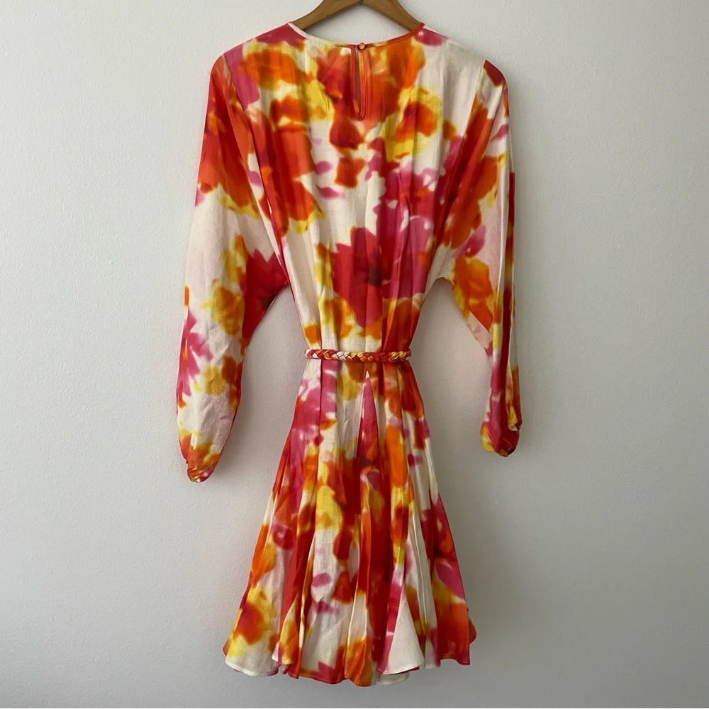 Alex Marie Riley watercolor long sleeve satin tie waist belted dress - Picture 8 of 8